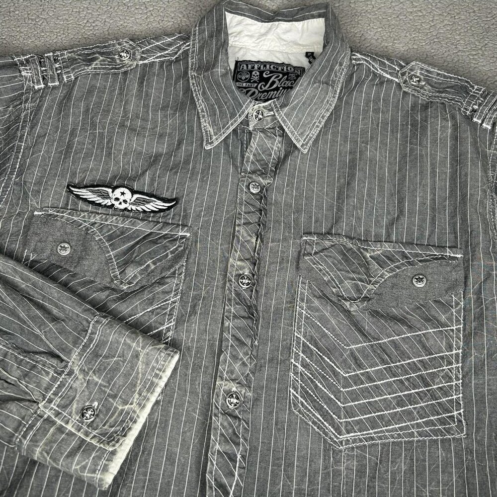 Affliction Black Premium Shirt Mens 2XL Gray Skull Wings Button Up Long Sleeve